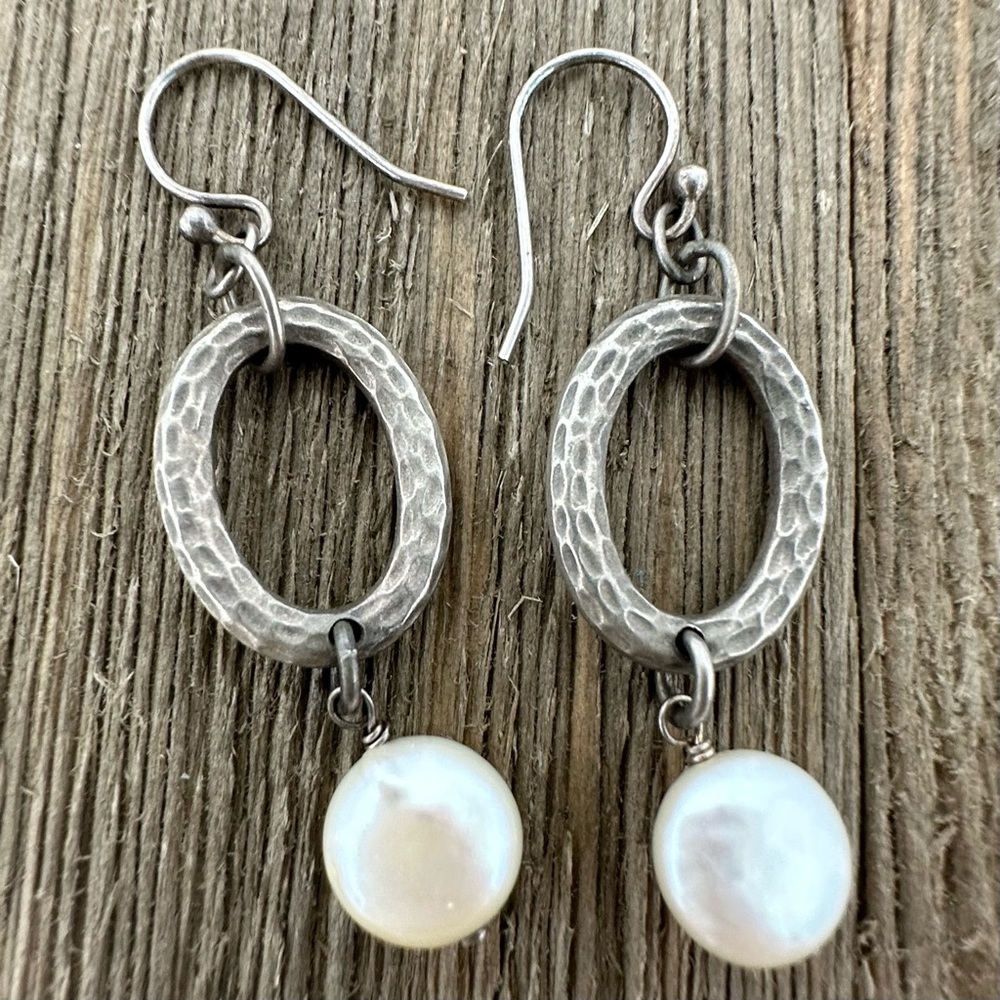 Silpada Sterling Silver 925 Coin Pearl Dangle Drop Hoop Earrings
